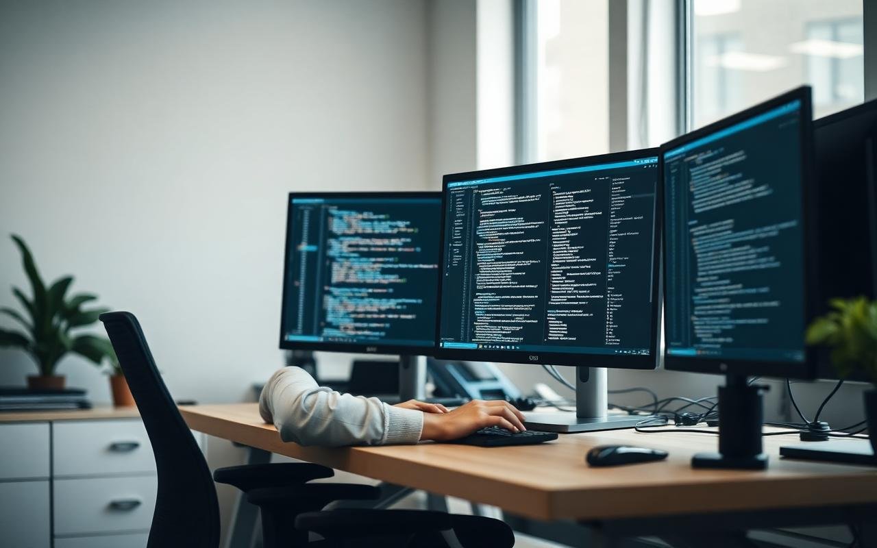 ICT professional writing code at a dual-monitor workstation for an ACS skills assessment