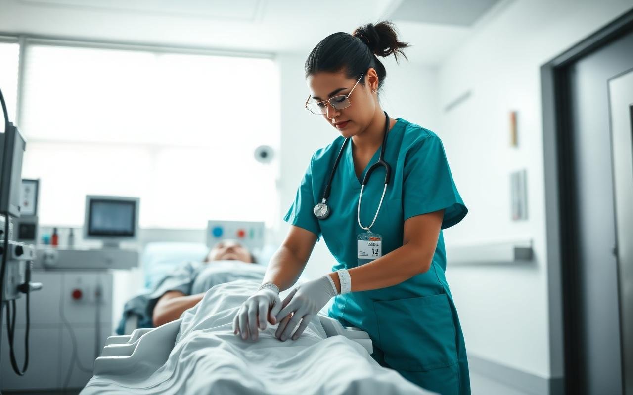 Nurse caring for a patient in a hospital ward for an ANMAC nursing skills assessment