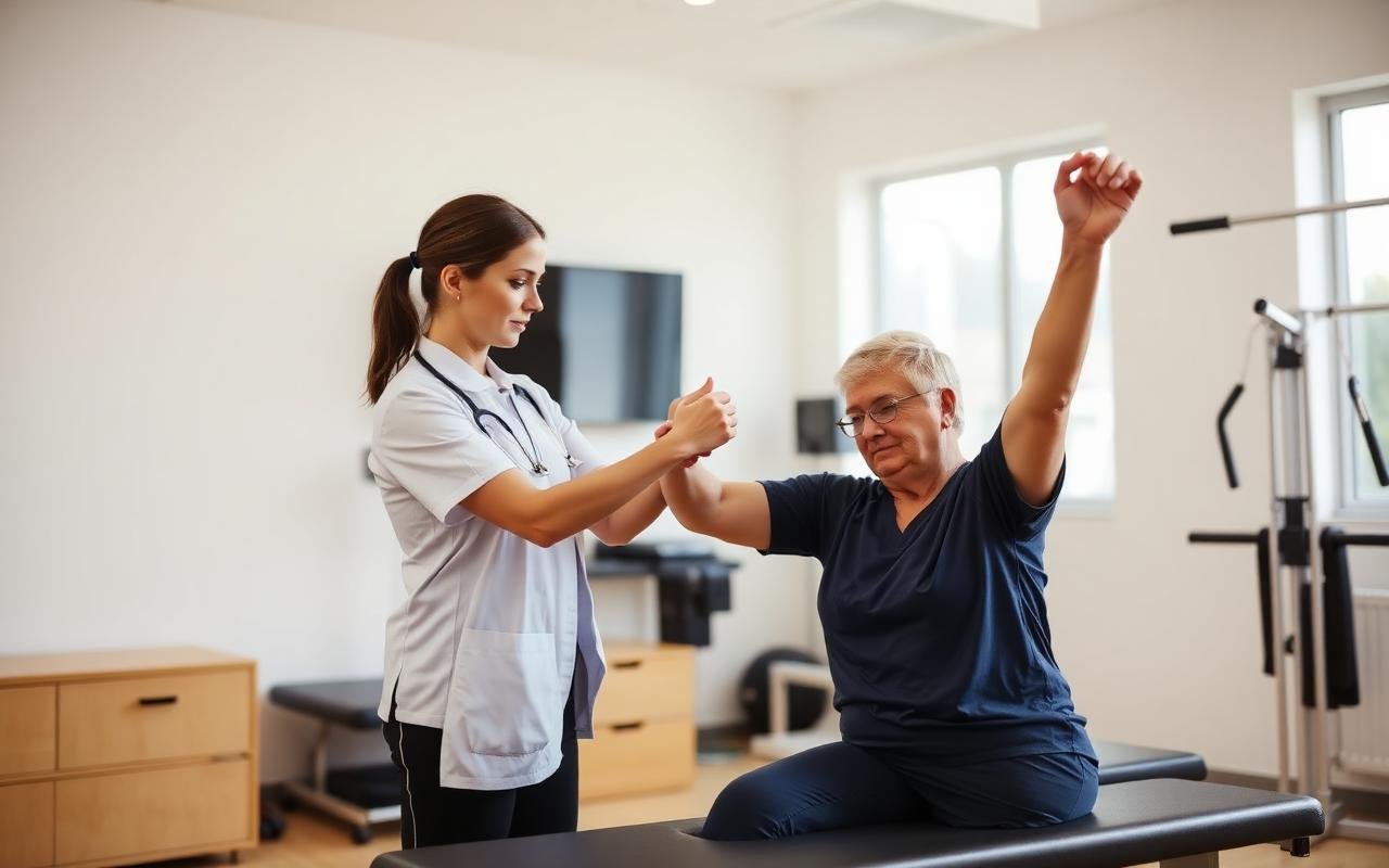 Physiotherapist guiding a patient through rehabilitation exercises for an Australian Physiotherapy Council assessment