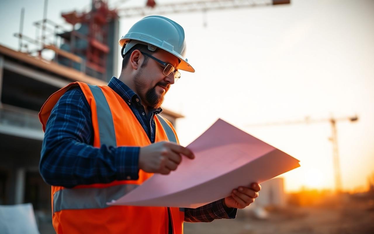 Engineer in hi-vis and hard hat reviewing technical drawings on site for an Engineers Australia assessment