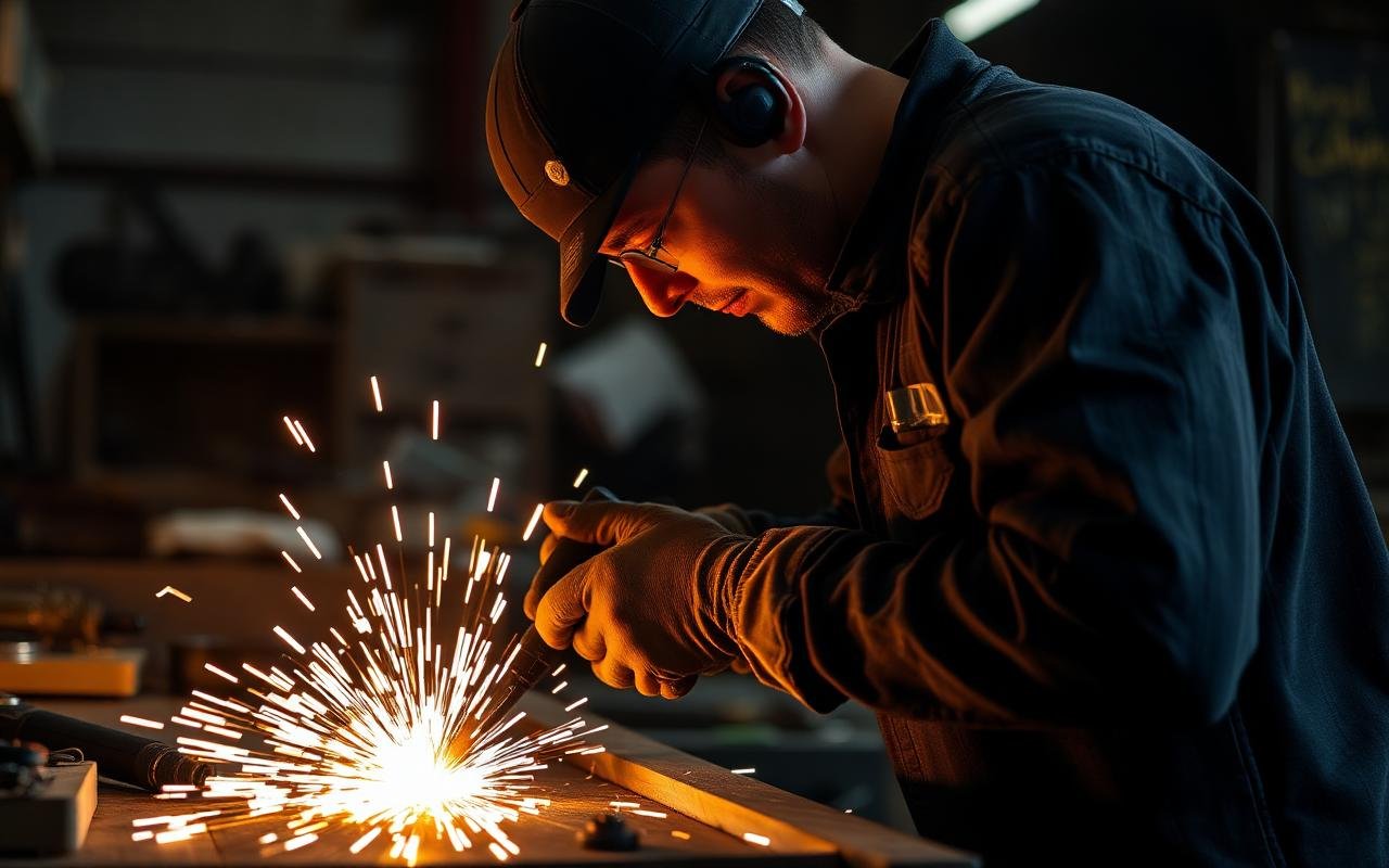 Skilled tradesperson working with tools in a workshop for a Trades Recognition Australia assessment