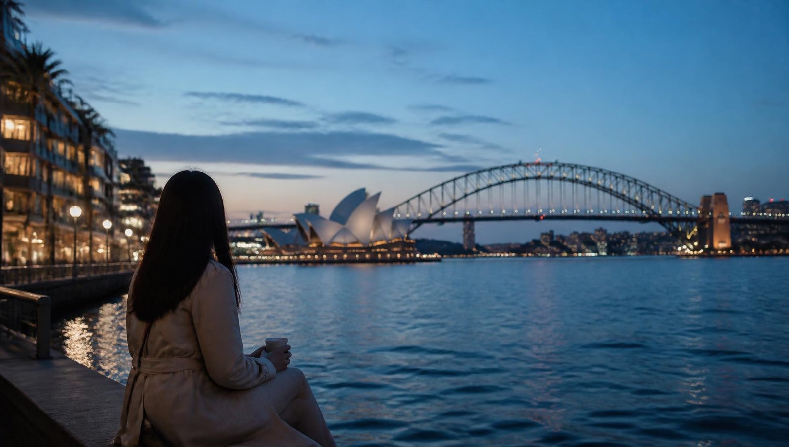 Sydney Harbour at blue hour with the Opera House and Harbour Bridge