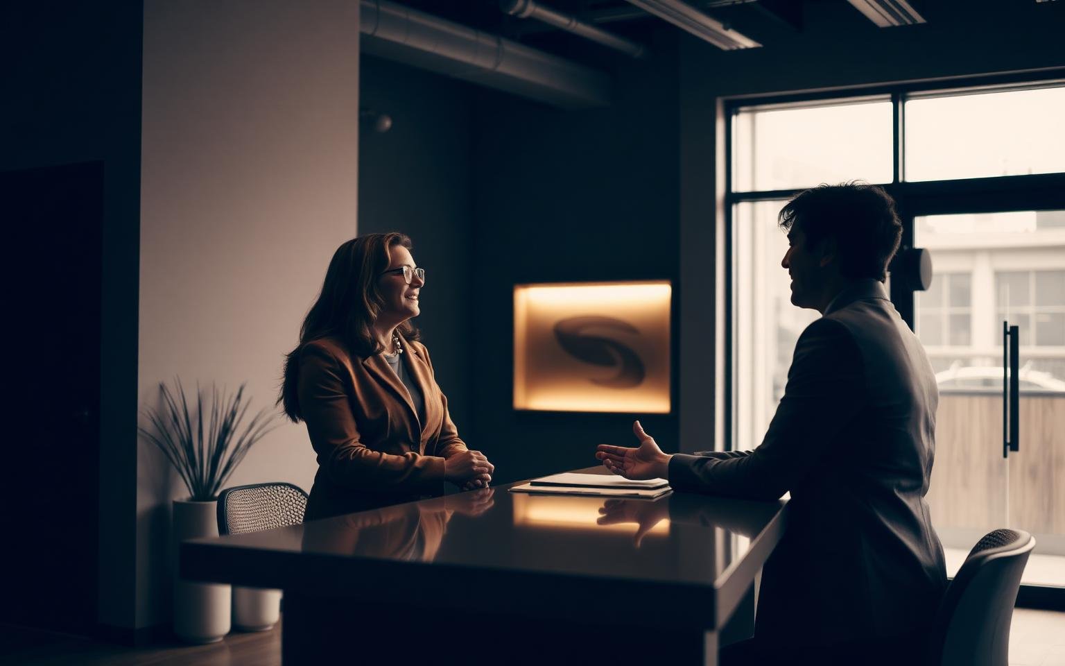 A consultant welcoming clients for a free eligibility assessment meeting