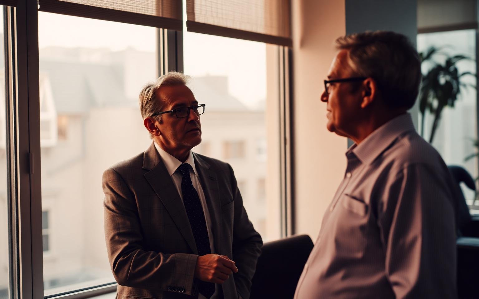 Two senior MovesEdu consultants discussing case standards by an office window